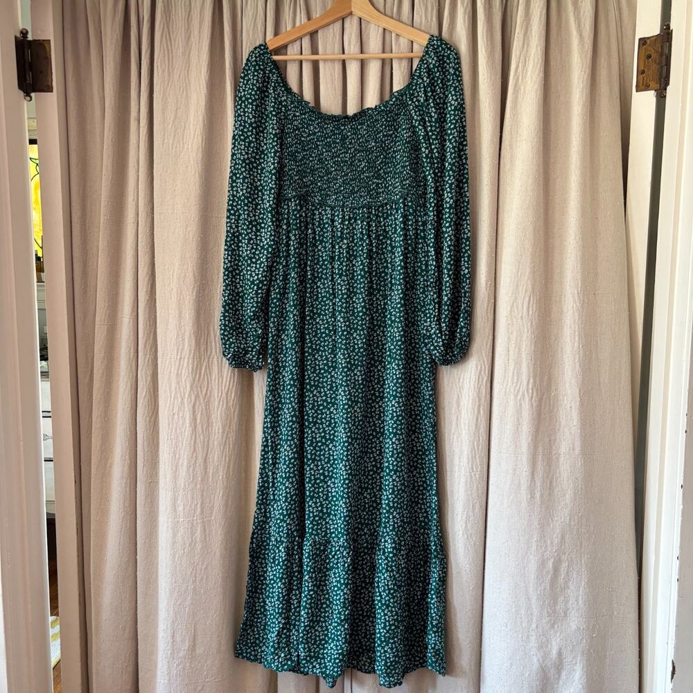 Modest Green Floral Smocked Cottagecore Maxi Dress Button Front NWT Size M - Picture 4 of 8